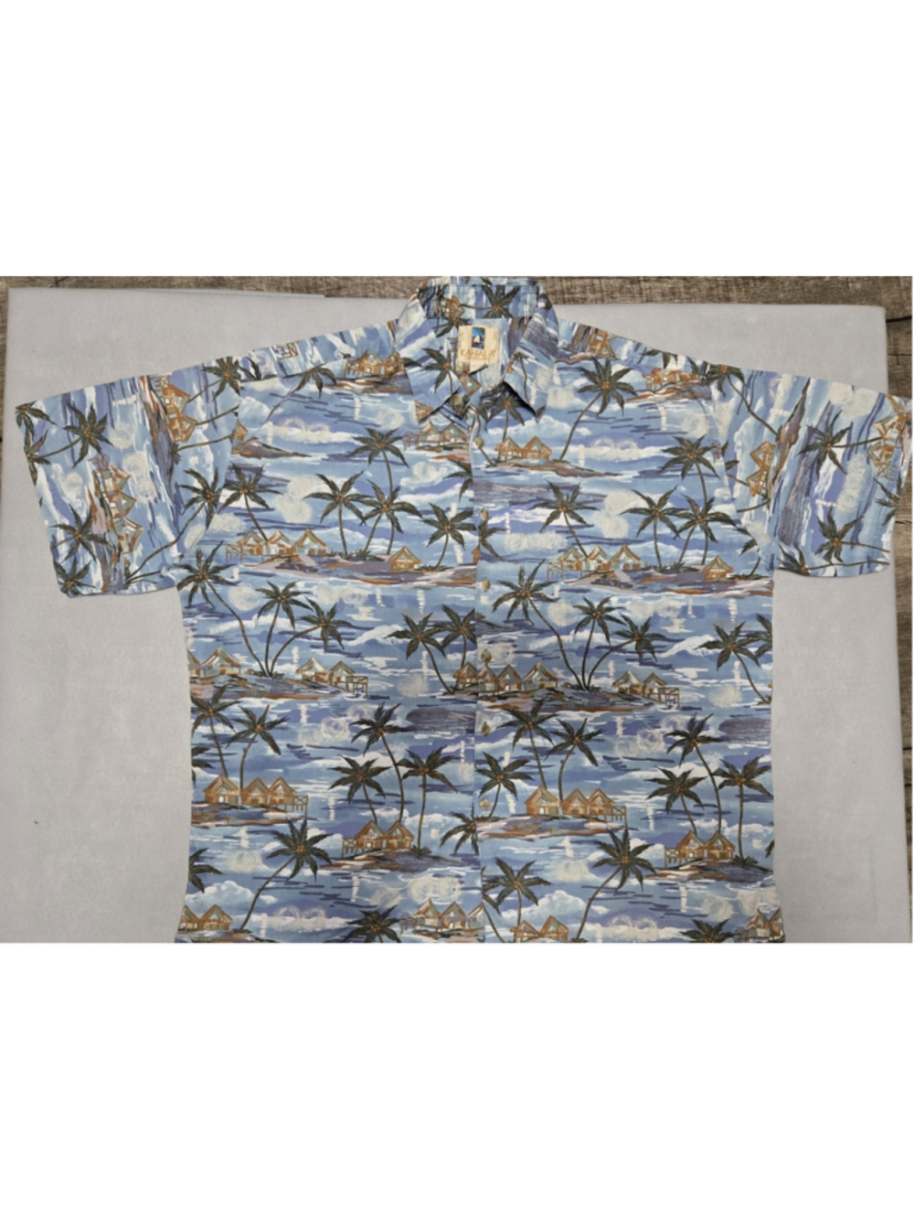 Vintage Kahala Hawaiian Islands Men's XL Aloha Shirt Blue Palm Tree Beach Hut